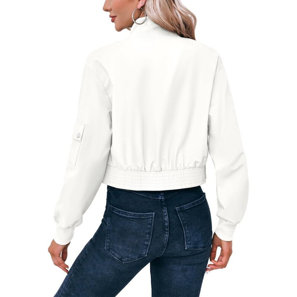 Women's White Short Bomber Jackets Stand Collar Zip Up Long Sleeve Lightweight - Picture 4 of 6